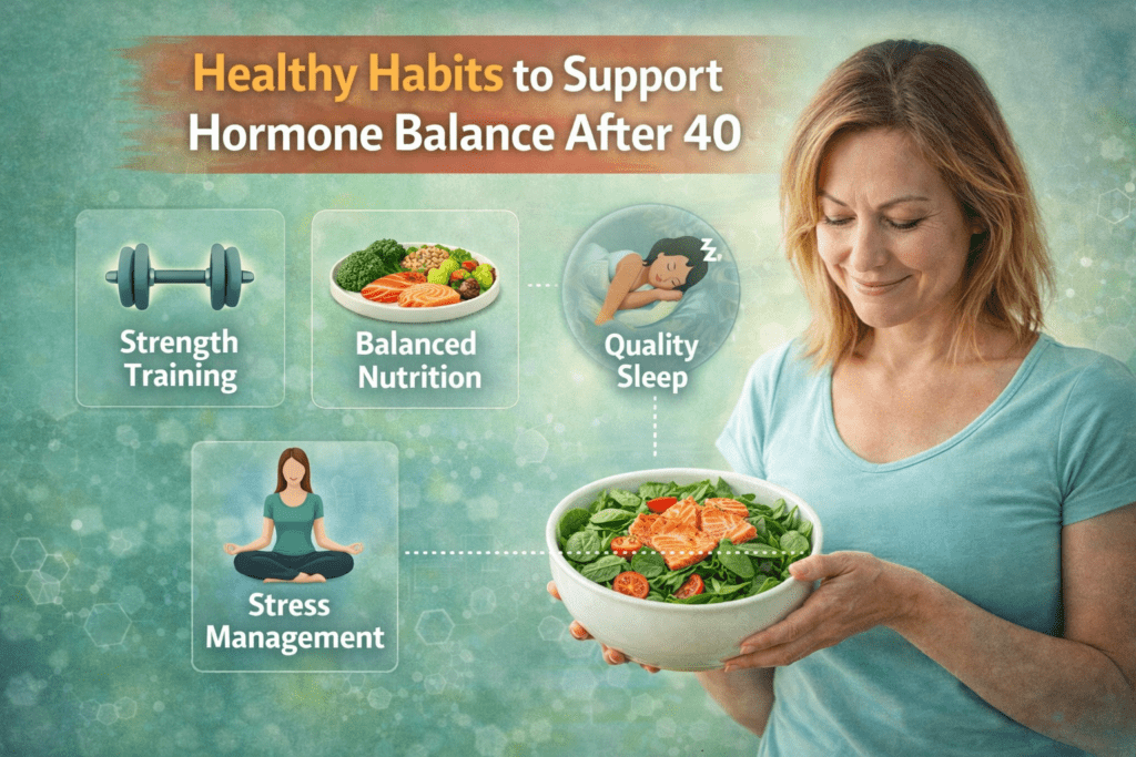 healthy habits to support hormone balance after 40 including strength training balanced nutrition stress management and quality sleep