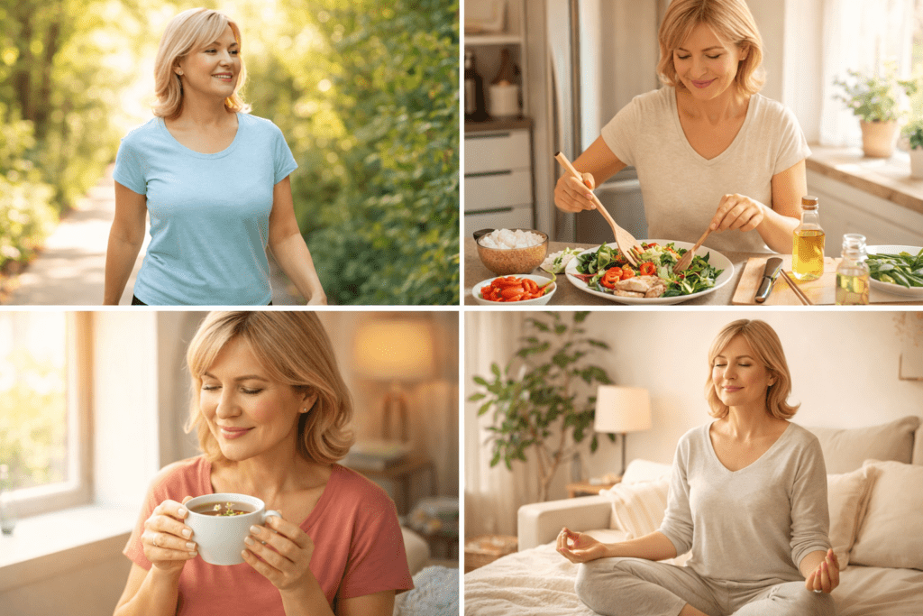 midlife woman maintaining healthy blood sugar through walking balanced meals herbal tea and relaxation after age 45