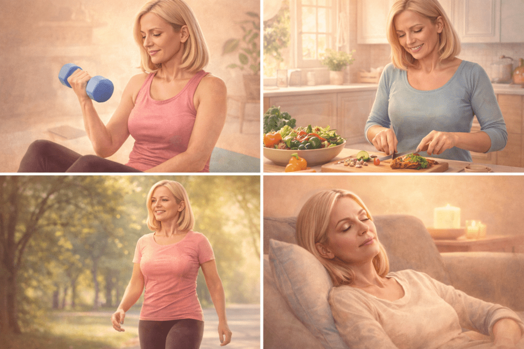 Midlife woman doing strength training, healthy cooking, walking outdoors, and relaxing to support insulin resistance naturally