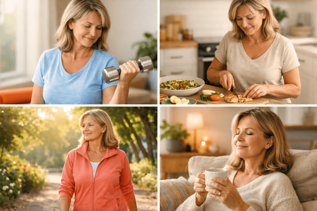 Midlife woman doing strength training eating healthy food walking outdoors and relaxing to support metabolism after 45