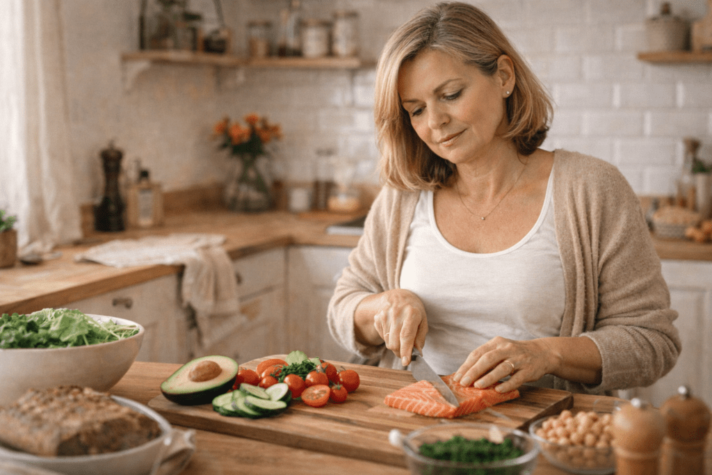 Midlife woman preparing a healthy meal with vegetables and protein in a cozy kitchen, supporting hormone balance during menopause