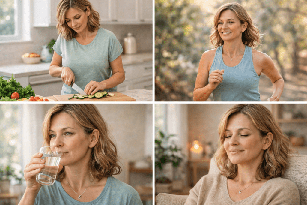 Midlife woman following a healthy daily routine with balanced meals, exercise, hydration, and relaxation to support metabolism after 45