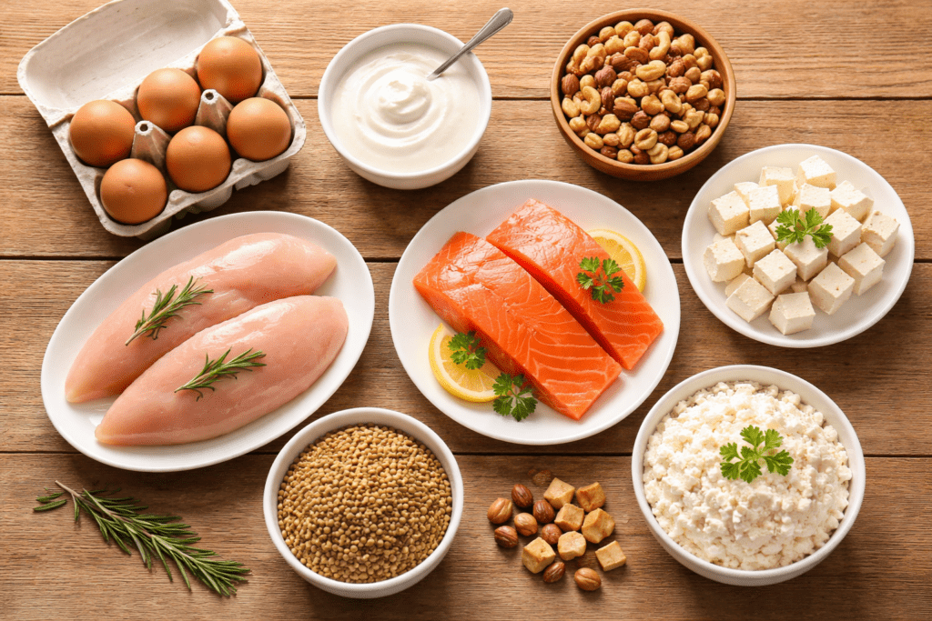 Flat-lay of high-protein foods including eggs, Greek yogurt, chicken breast, salmon, lentils, tofu, nuts, and cottage cheese on a wooden table