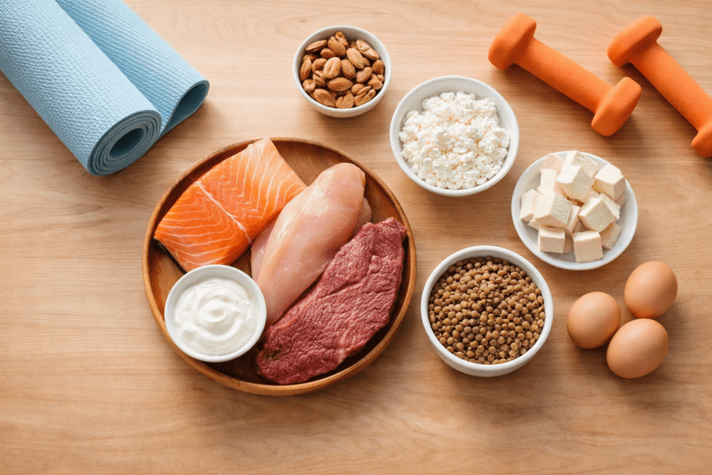 Flat lay of high protein foods with dumbbells and yoga mat representing muscle support and metabolism health for women over 40