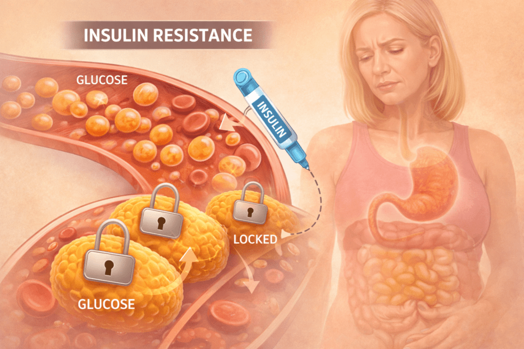 Illustration showing insulin resistance with glucose staying in the bloodstream while cells resist insulin in a woman over 40