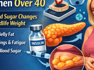 Woman over 40 experiencing insulin resistance with belly fat, blood sugar imbalance, and fatigue symptoms illustrated