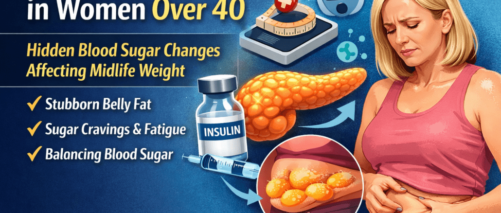 Woman over 40 experiencing insulin resistance with belly fat, blood sugar imbalance, and fatigue symptoms illustrated
