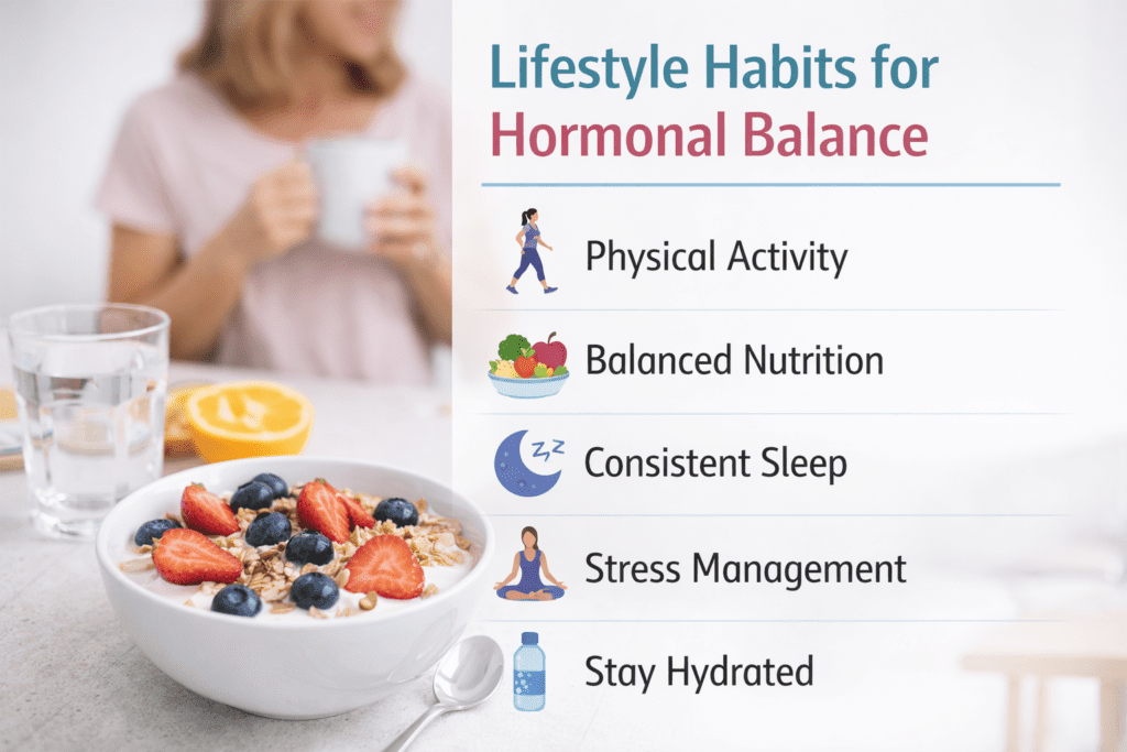 lifestyle habits that support hormonal balance after 40 including physical activity, balanced nutrition, sleep, stress management and hydration