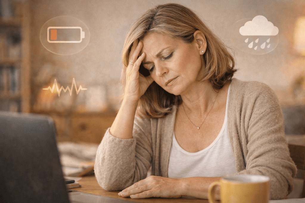 Midlife woman sitting at table holding her head, showing stress and fatigue related to hormonal imbalance during menopause