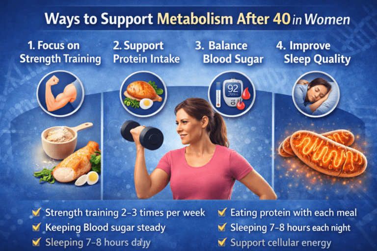 Ways to support metabolism after 40 in women including strength training, protein intake, blood sugar balance, sleep quality, and cellular energy support