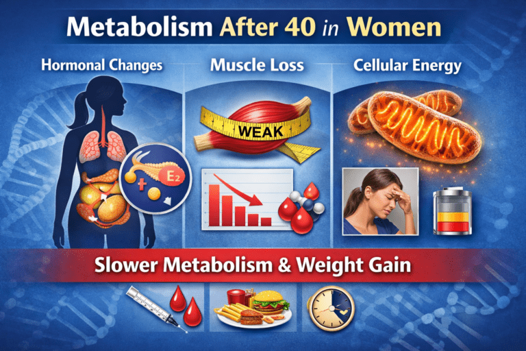 Metabolism after 40 in women showing hormonal changes, muscle loss, and reduced cellular energy leading to slower metabolism and weight gain