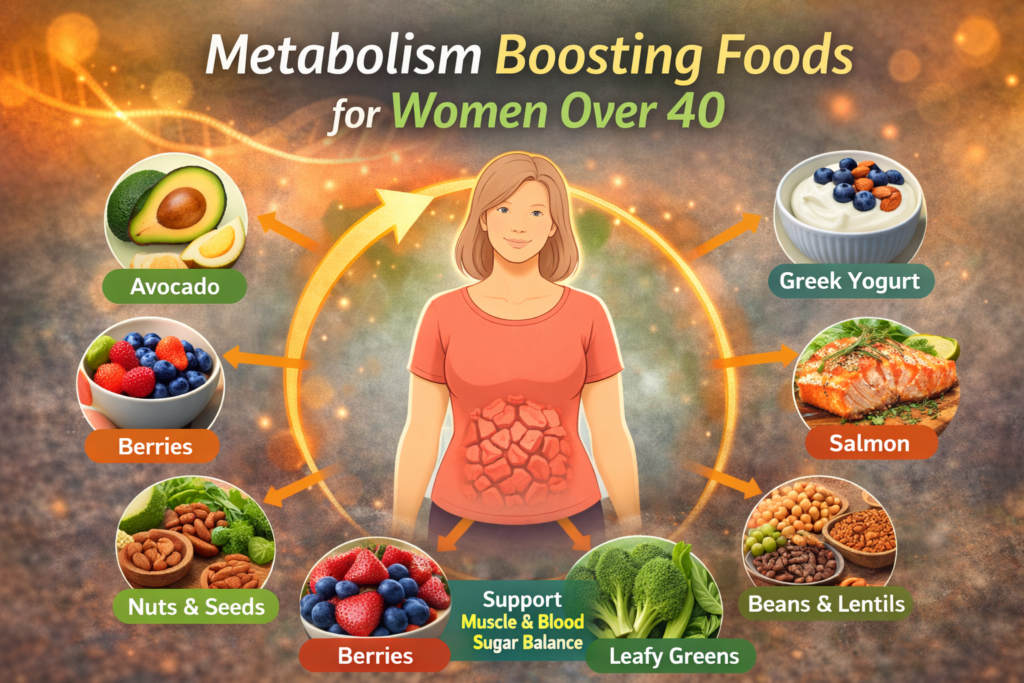 metabolism boosting foods for women over 40 including avocado, berries, salmon, yogurt, beans, leafy greens, and nuts