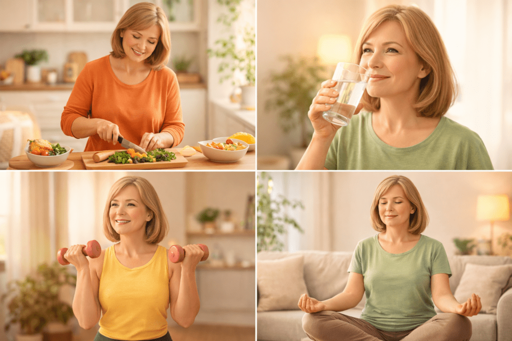 Midlife woman following a healthy daily routine with balanced meals, exercise, hydration, and relaxation in a calm home setting