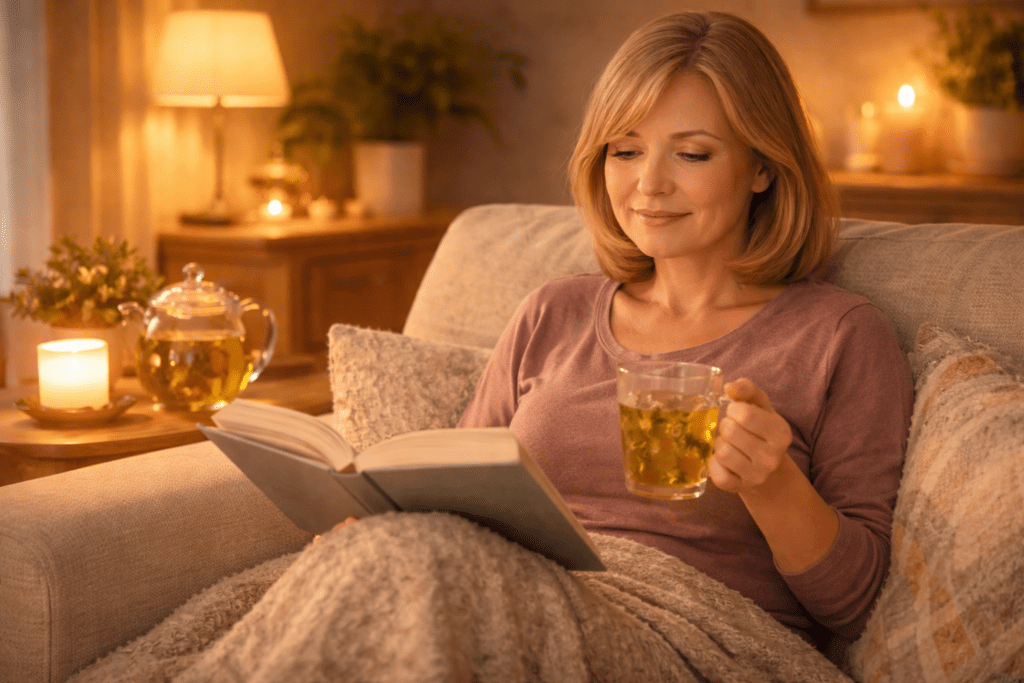 Midlife woman relaxing in the evening with herbal tea and reading a book in a cozy, dimly lit home setting