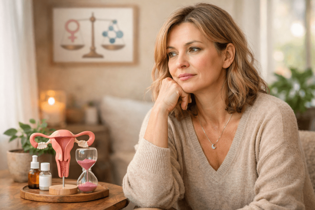 Midlife woman sitting thoughtfully in a bright room, representing hormonal changes and metabolism slowdown after age 45
