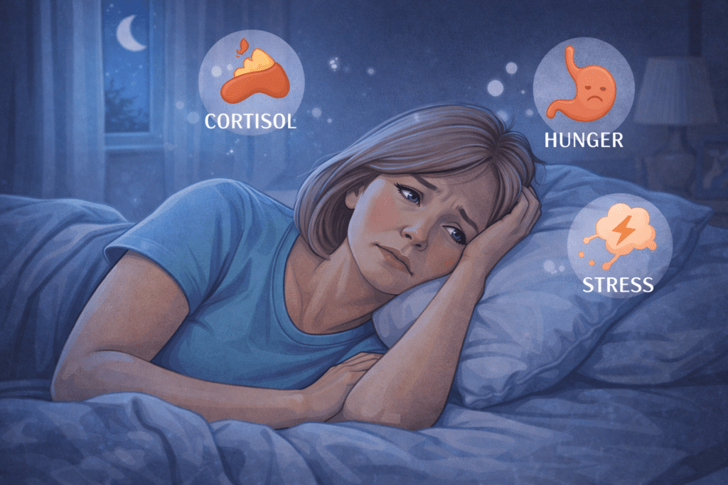 Midlife woman lying awake at night with insomnia, showing stress, cortisol, and hunger hormone imbalance in a calm bedroom setting