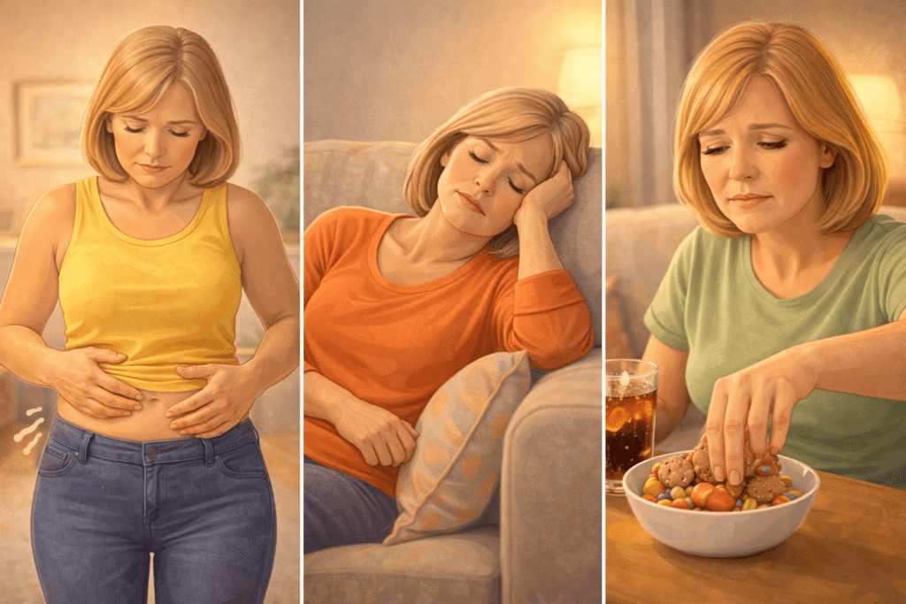 Midlife woman experiencing fatigue, belly fat concern, and sugar cravings due to poor sleep and slow metabolism