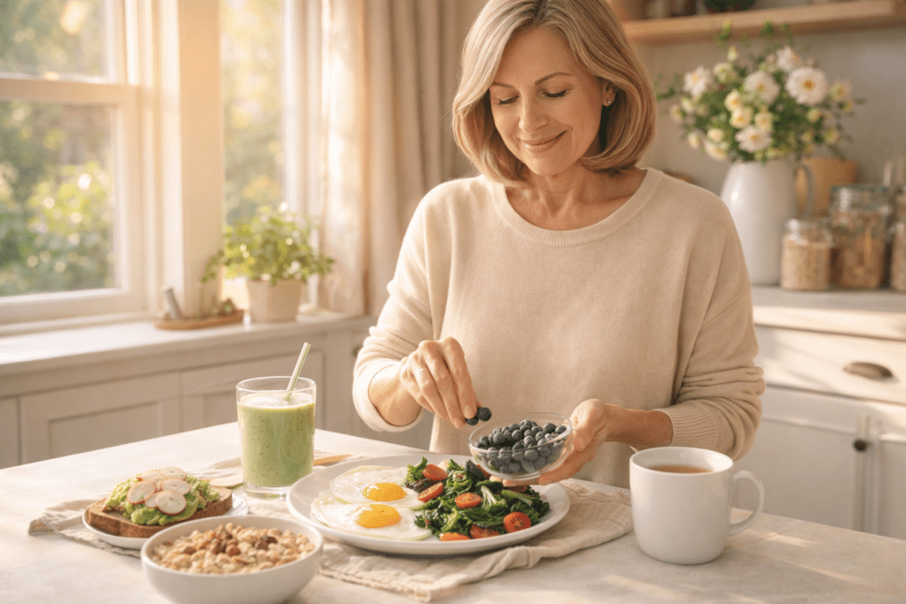Midlife woman preparing healthy breakfast in cozy kitchen with eggs vegetables smoothie and tea for balanced morning routine