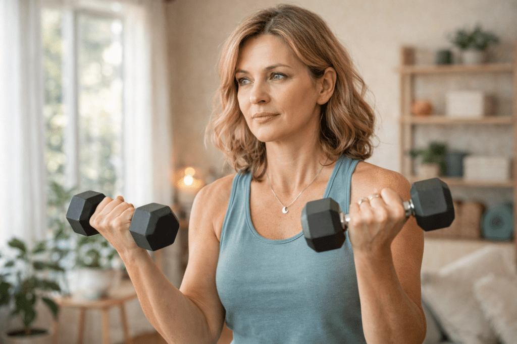 Midlife woman doing light strength training with dumbbells at home to support metabolism and prevent muscle loss after 45
