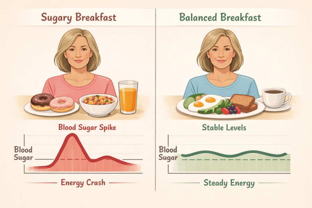 Midlife woman comparing sugary breakfast causing blood sugar spike vs balanced breakfast showing stable glucose levels infographic