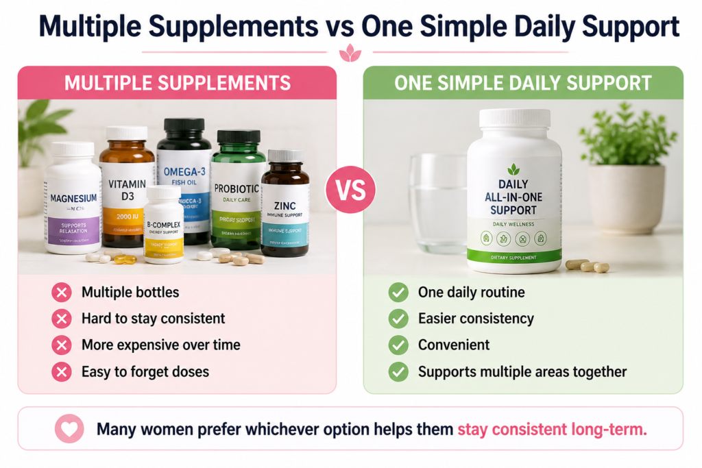 Comparison infographic showing multiple supplements versus one simple daily support option for women over 40, highlighting convenience, consistency, and ease of use.