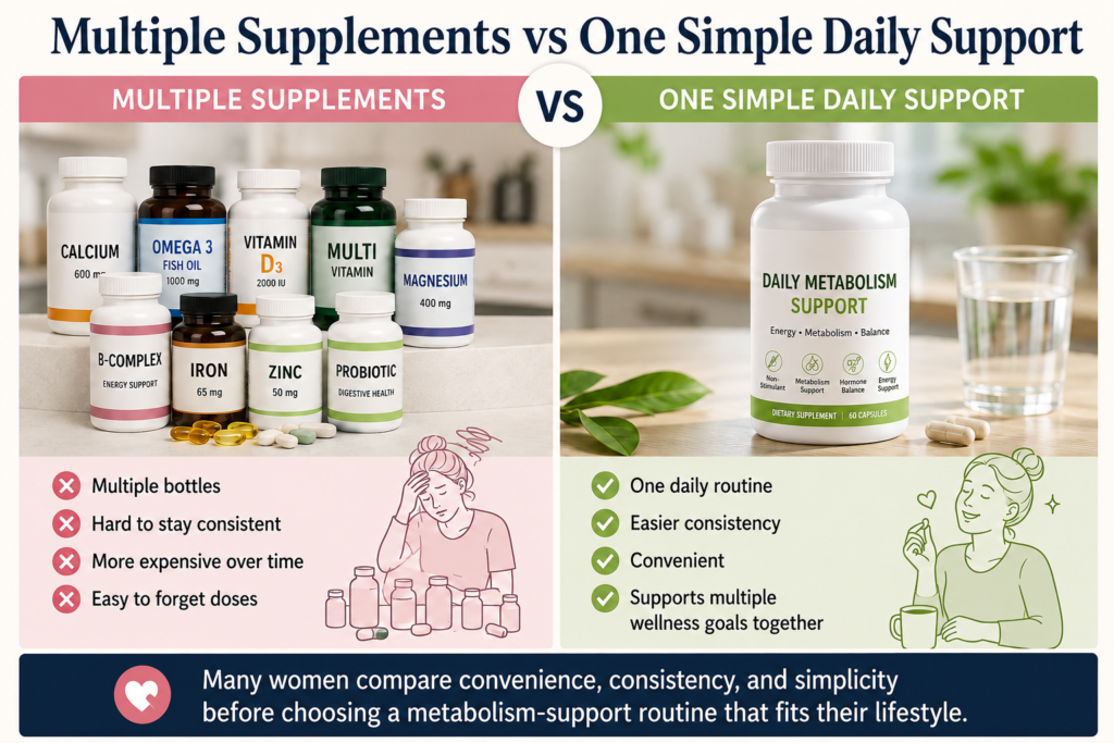 Infographic comparing multiple supplements with one simple daily support routine for women over 40, highlighting differences in convenience, consistency, cost, and ease of maintaining a wellness routine.