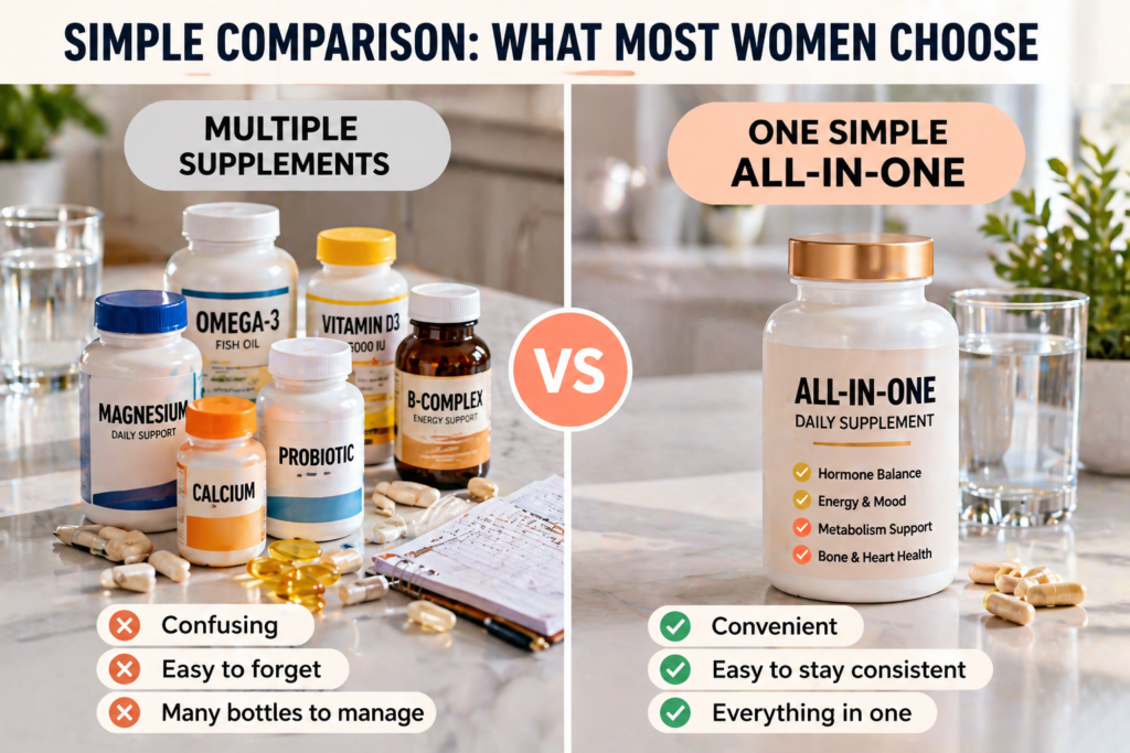 Comparison of multiple supplement bottles versus one all-in-one supplement for women over 40 in a clean split layout