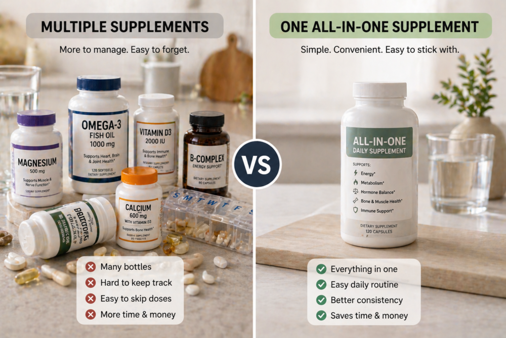Split image showing multiple supplement bottles versus one all-in-one supplement for women over 40 in a clean comparison layout