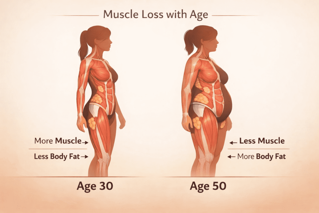 Comparison of female body at age 30 vs age 50 showing muscle loss and increased body fat distribution affecting metabolism