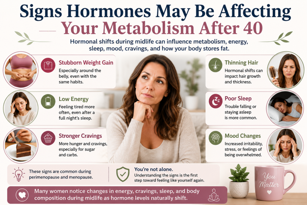 Infographic showing common signs hormones may be affecting metabolism after 40, including stubborn weight gain, low energy, stronger cravings, thinning hair, poor sleep, and mood changes in midlife women.