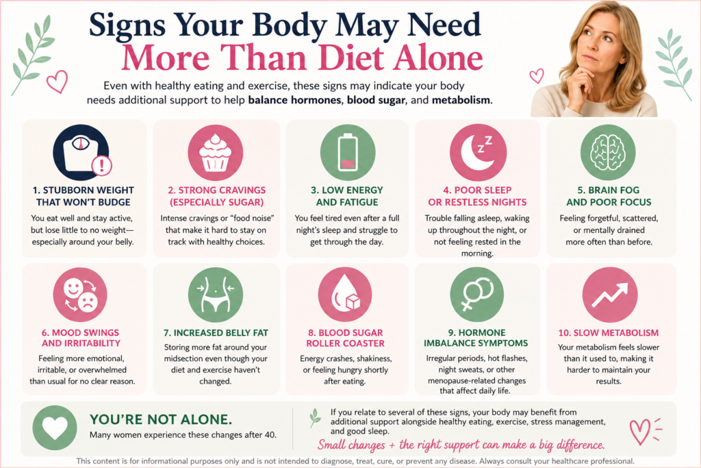 Infographic showing signs your body may need more than diet alone after 40, including stubborn weight gain, sugar cravings, fatigue, poor sleep, brain fog, hormone imbalance, and slow metabolism.