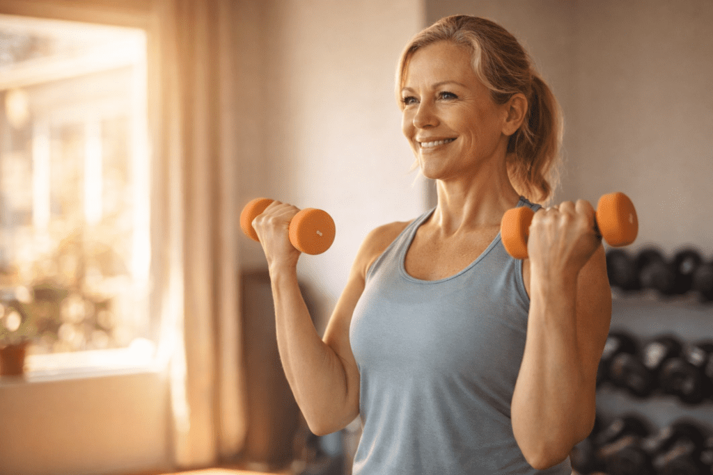 Middle-aged woman doing strength training with dumbbells at home to support metabolism and muscle health after 40