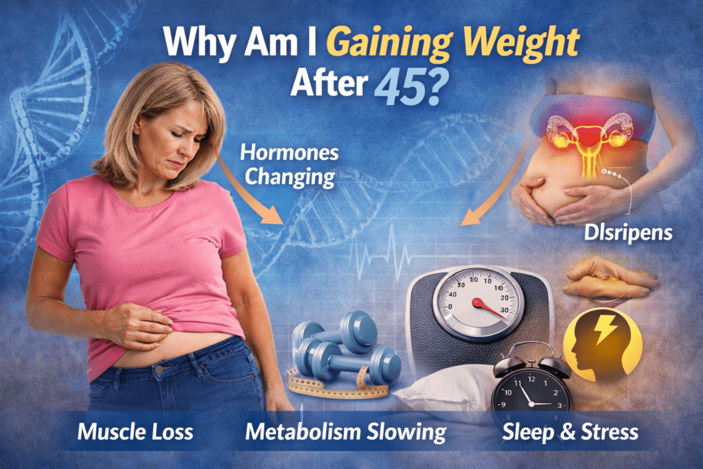 why am i gaining weight after 45 causes including hormonal changes, muscle loss, slower metabolism, sleep problems and stress