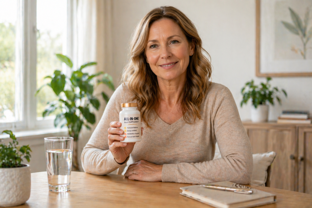 Confident woman over 40 sitting at table with water and all-in-one supplement smiling in calm home setting