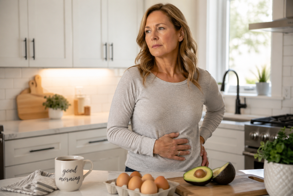 Woman over 40 standing in kitchen holding stomach thoughtfully with healthy breakfast foods like eggs and avocado