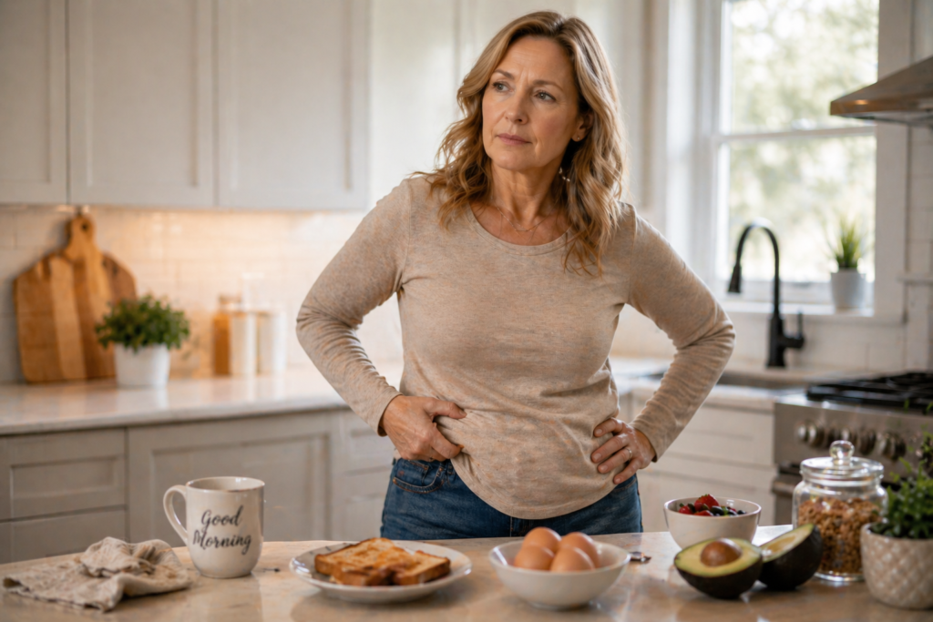 Woman over 40 holding her waist thoughtfully in kitchen with breakfast foods, reflecting metabolism changes