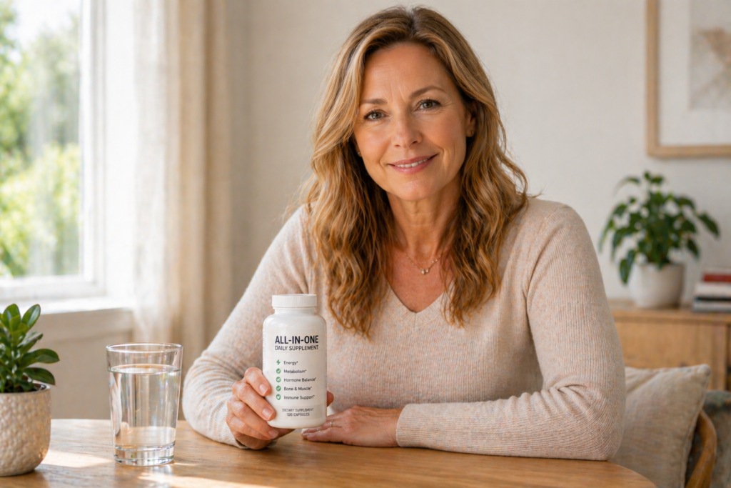 Confident woman over 40 sitting at table with water and simple supplement bottle smiling in calm home setting