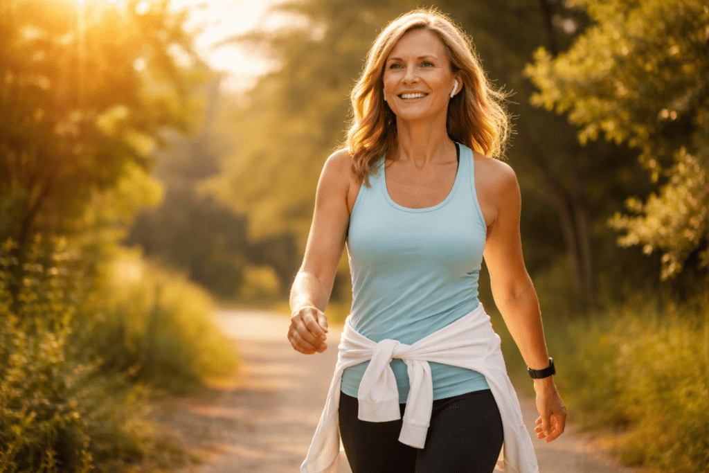 Middle-aged woman walking outdoors in warm sunlight, smiling and energetic, representing healthy lifestyle and vitality after 40