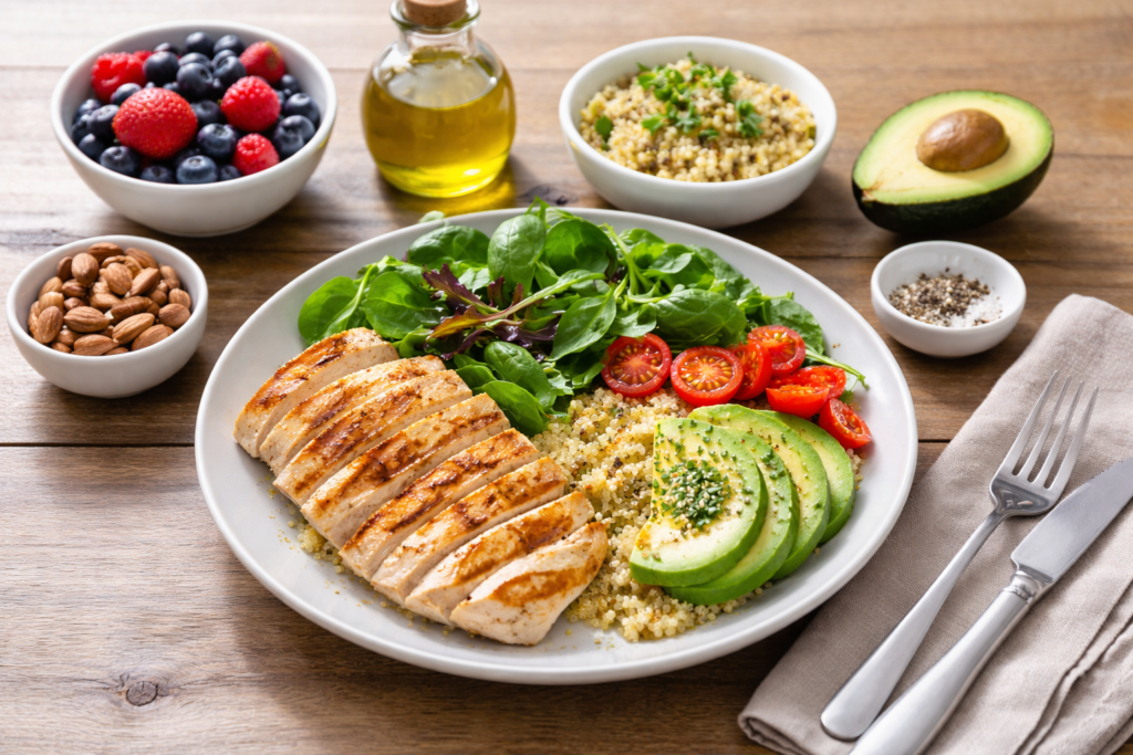 Balanced healthy meal with chicken, avocado, quinoa, greens, olive oil, and berries
