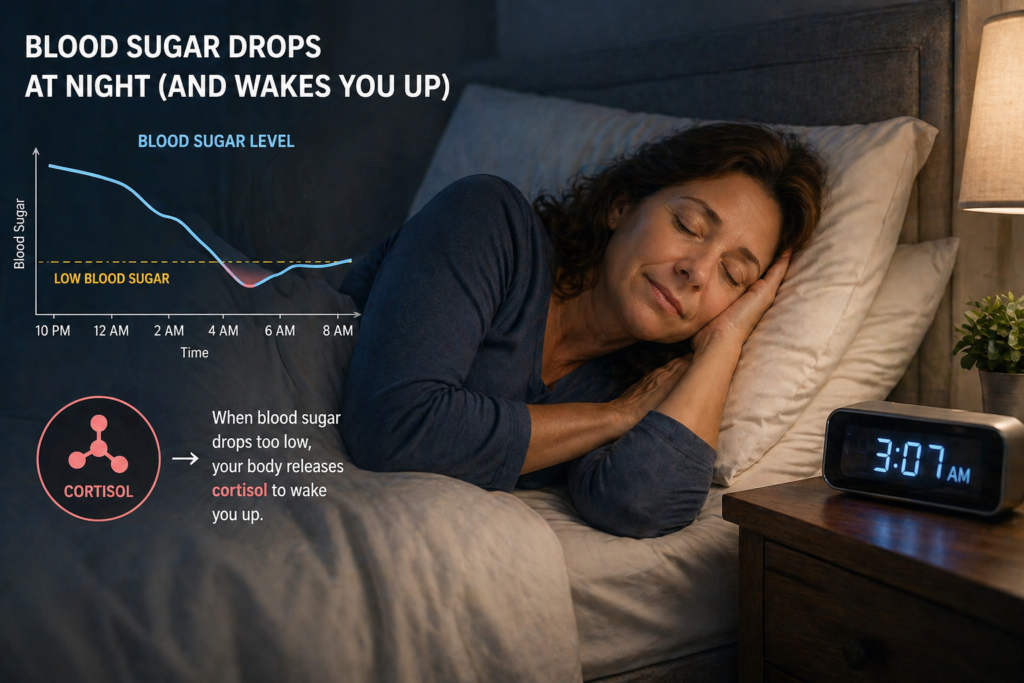 Sleeping woman with blood sugar dropping at night and cortisol release illustration showing 3AM wake pattern