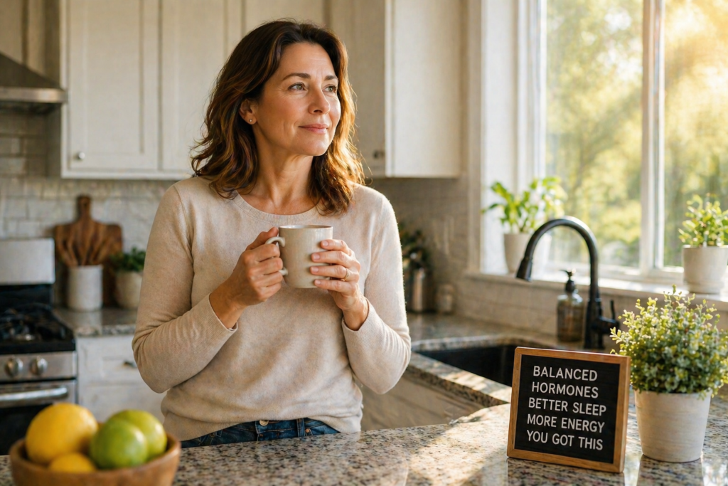 Confident woman over 40 in bright kitchen holding coffee looking calm and refreshed in morning light