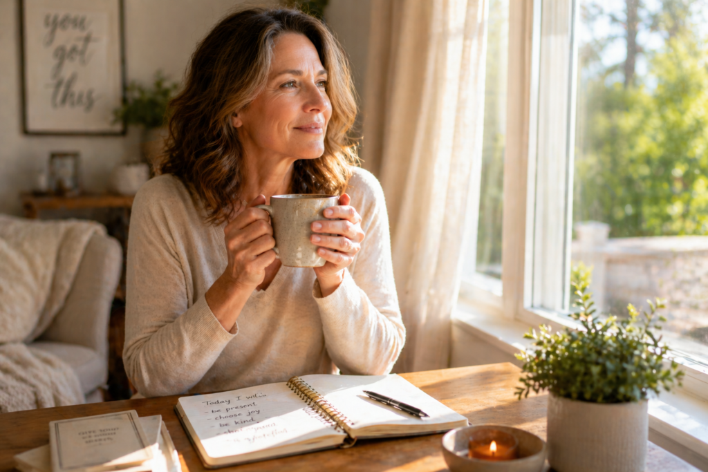 Woman over 40 sitting by window with coffee and journal in a calm morning routine setting