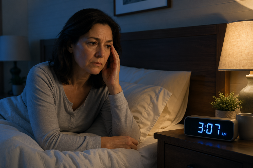 Woman aged 40–55 sitting in bed at 3AM looking tired and stressed with clock showing 3:07 AM