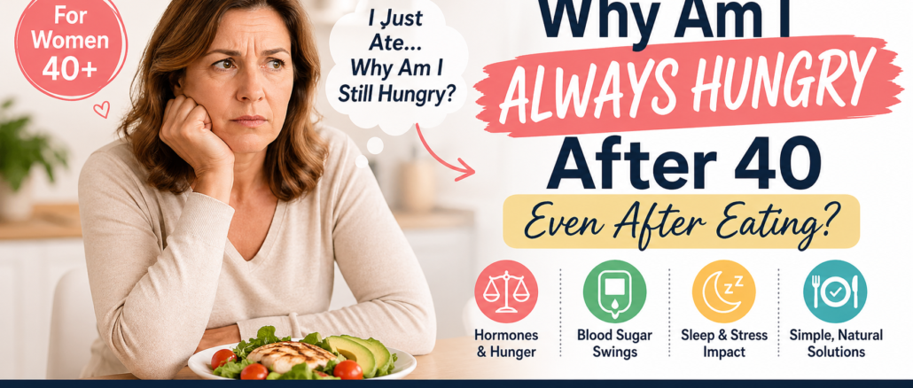 Woman over 40 looking concerned at meal wondering why she feels hungry even after eating