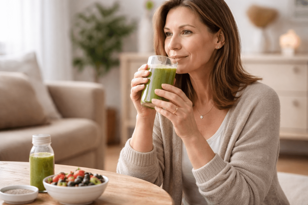 Woman over 40 sitting at kitchen table with tea looking thoughtful and calm