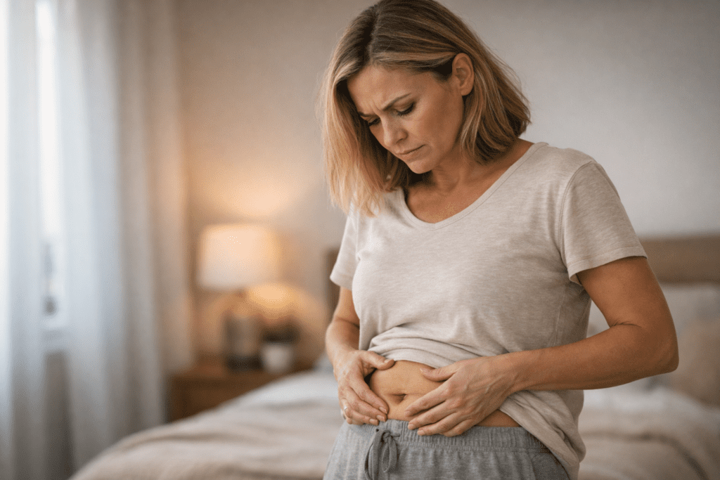 Woman over 40 looking at her stomach in mirror with concerned expression in bedroom