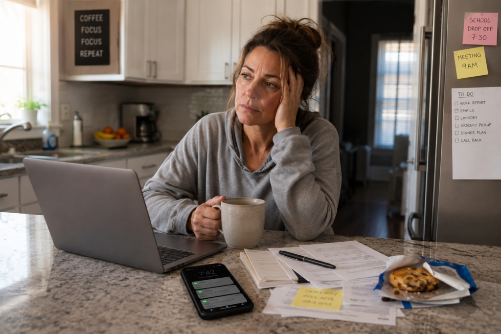 Tired American woman over 40 sitting at a kitchen counter early in the morning with coffee, work items, phone notifications, and snack packaging nearby after poor sleep.