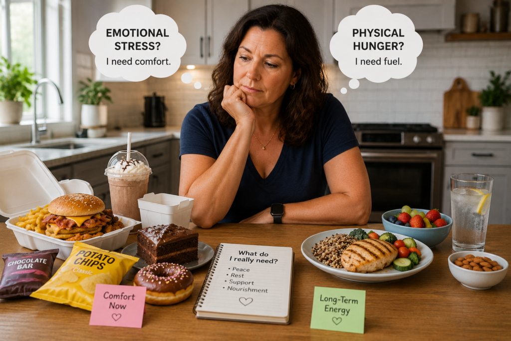 American woman over 40 sitting at a dining table choosing between comfort foods and healthier meal options while reflecting on emotional versus physical hunger.