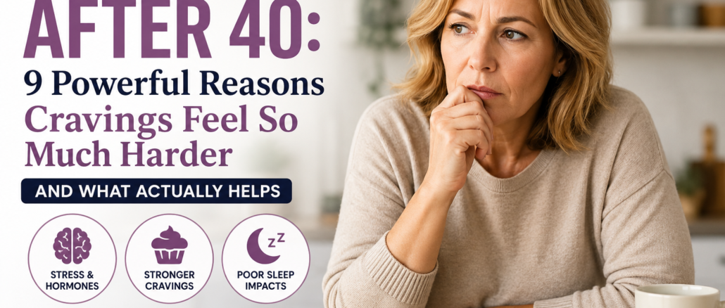 Woman over 40 sitting with dessert and coffee while thinking about stress eating and cravings after 40