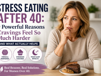 Woman over 40 sitting with dessert and coffee while thinking about stress eating and cravings after 40